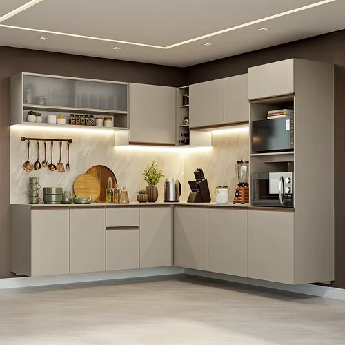 Armário de Cozinha Completa de Canto 445cm Suspensa Crema Nice Madesa 03