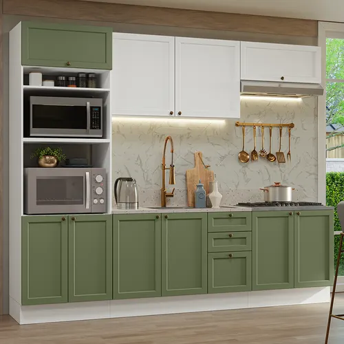 Armário de Cozinha Completa 270 cm Branco/Verde/Branco Vik Madesa 01