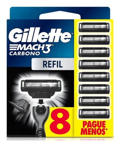 Gillette Mach3 Carbono Carga para Aparelho de Barbear com Carvão 8 Unidades