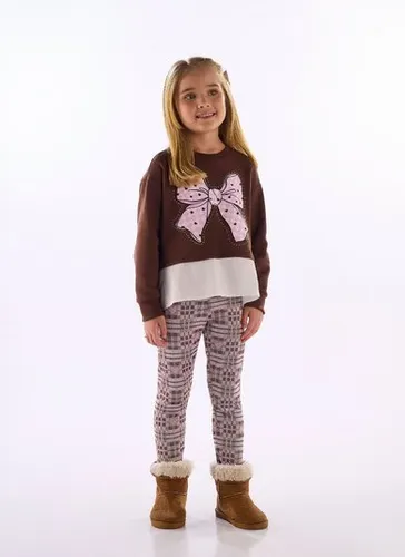 Conjunto infantil com blusa laço e legging xadrez Marrom