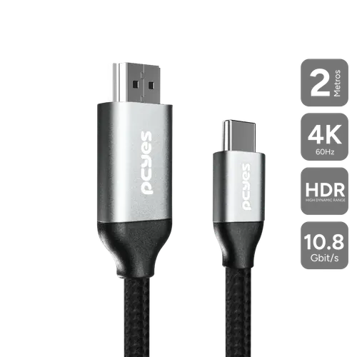 Cabo PCYES USB-C para HDMI 2.0 4K 60Hz Nylon Preto 2 Metros PUCH2