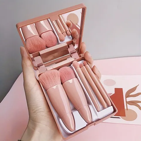 5 pçs conjunto de escova de maquiagem portátil com espelho-kit de viagem dobrável, mini conjunto de escova de maquiagem conjunto de escova de maquiagem de viagem