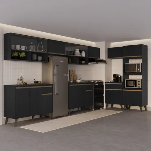 Armário de Cozinha Completa Atlanta Drive com Vidro Carraro Preto Touch