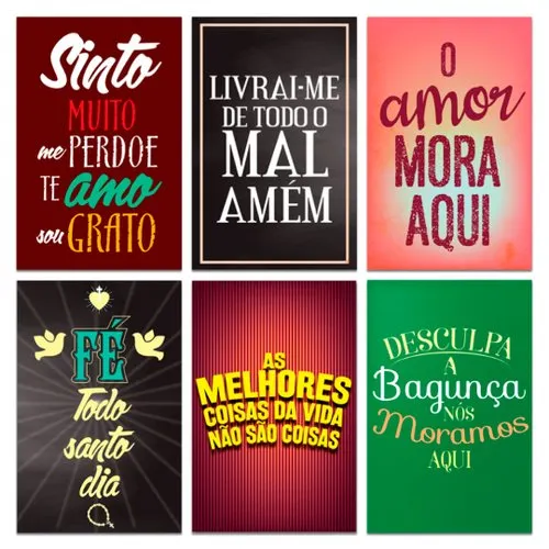 Kit 6 Placas Decorativas com Frases Fé Amor Mdf 20x13 cm