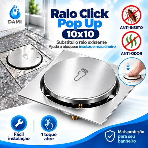 Ralo Click 10x10 Inteligente Pop Up Inox Oculto Invisível para Banheiro e Cozinhas Acabamento Premium