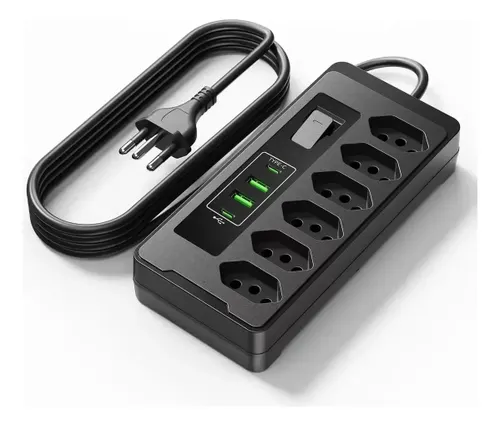 Filtro de Linha Régua Extensão 6 Tomadas E 2 Usb 2 Pd 2500 Watts Equipado com Um Interruptor de Protecção Automática de Sobrecarga Protetor Elétrico Cabo 2 Metros 10 a Cor Preto-PLUGADO