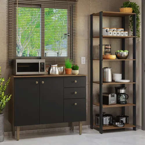 Kit Cozinha Balcão Gabinete 3 Portas 2 Gavetas e Armário Cozinha Despensa 5 Prateleiras Preto/Rustic