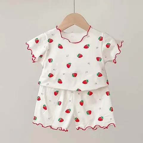 Conjunto de Pijamas de Morango para Menina Bebê, Verão, Manga Curta, Fino, Duas Peças, Roupas de Dormir para Crianças, Roupas para Uso em Casa