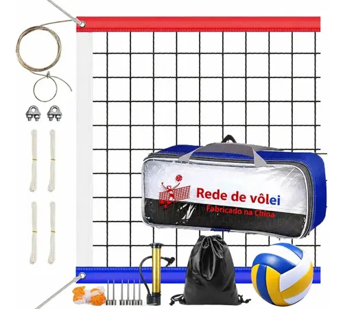 Kit Rede de Vôlei Multiesportes 9,5m x 1m com Bola e Bomba de Ar 4 Cabos de Aço para Fixação 4 Costuras e Bolsa para Vôlei de Praia Futevôlei Badminton Tênis