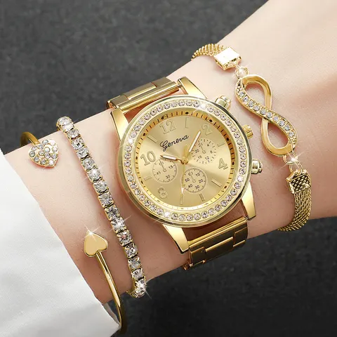 4 pçs/set moda strass relógios femininos banda de aço luxo senhoras relógio de quartzo pulseiras conjunto reloj mujer (sem caixa)