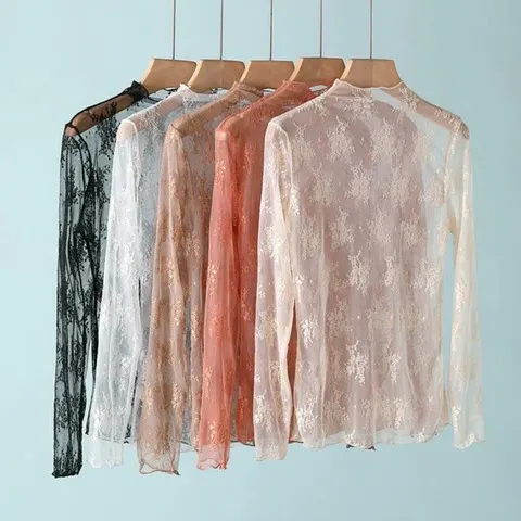 Camisetas de malha femininas de manga comprida, blusa transparente de renda, top transparente, camiseta cropped.