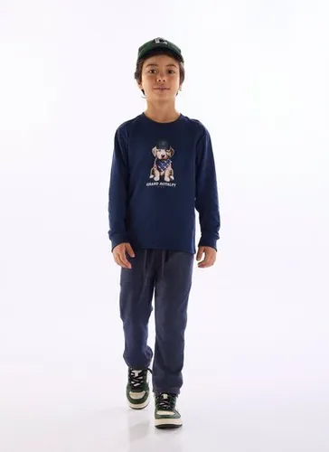 Camiseta infantil manga longa com estampa de cachorro Azul Marinho