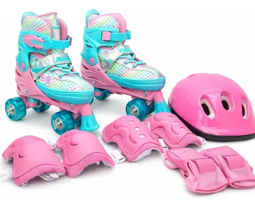 Roller Patins Infantil Rosa 4 Rodas + Kit Proteção Adulto 28-31 Ajustável Rosa/azul Celeste