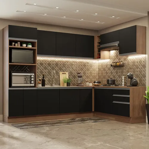 Armário de Cozinha Completa de Canto 479cm Rustic Preto Glamy Madesa 01