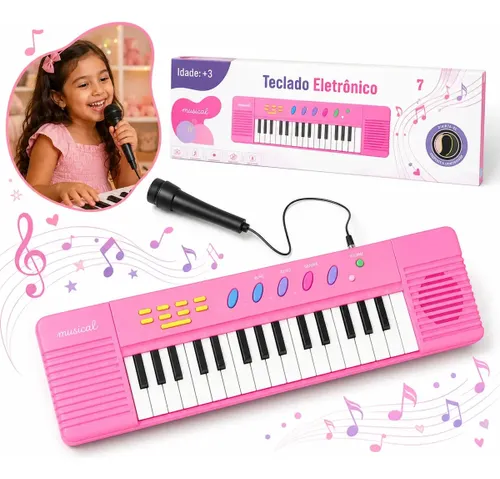 Teclado Infantil 32 Teclas com Microfone Karaokê Brinquedo Presente Crianças Musical Educativo Kizumba Cor Rosa