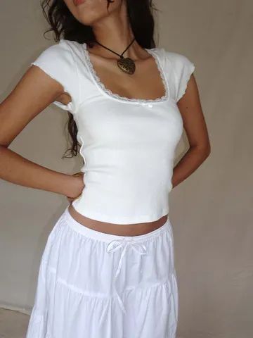 Y2k vintage bebê camiseta cottage renda guarnição de malha camiseta verão pescoço quadrado manga curta camiseta feminina branco milkmaid colheita topo