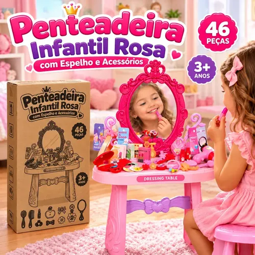 Penteadeira Infantil Princesa Rosa com Espelho e 46 Peças, para Meninas de 3+ Anos