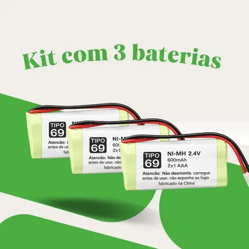 Kit 3 Baterias de Telefone sem Fio AAA 2,4V 600mAh Plug Universal Longa Duração Gurumania