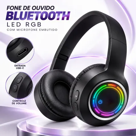 Fone de Ouvido Bluetooth LED RGB com Microfone Embutido