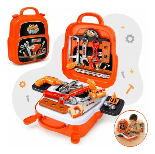 Kit Ferramentas Infantil Maleta e Mochila 3 em 1 com 22 Peças Martelo Serrote Alicate e Chave de Fenda Oficina de Brinquedo Faz de Conta para Criança Kizumba