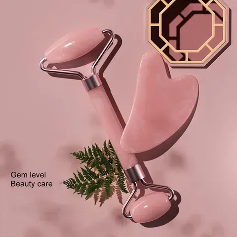 Kit de massagem facial de tamanho duplo, com rolo de dupla extremidade e placa Gua Sha em formato de coração, para lifting da pele, redução de inchaço, ferramenta de beleza para spa em casa.
