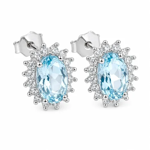 Brinco Oval 6 mm com Zircônia Água-Marinha e 16 Zircônias em Prata 925
