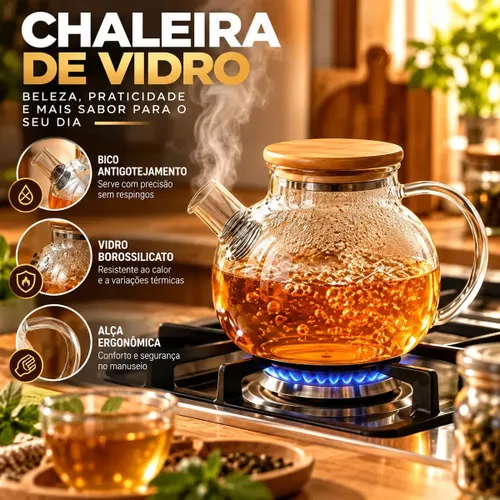 Chaleira de Vidro com Tampa Bambu Premium Borossilicato 1L Bule Café Chá
