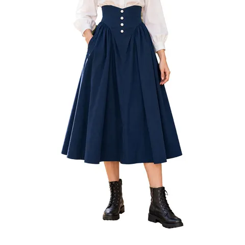 Saia medieval renascentista vitoriana para mulher, com cintura alta, corte em A, folhos e bolsos, ideal para festas de Halloween, fantasias e para usar no dia a dia.