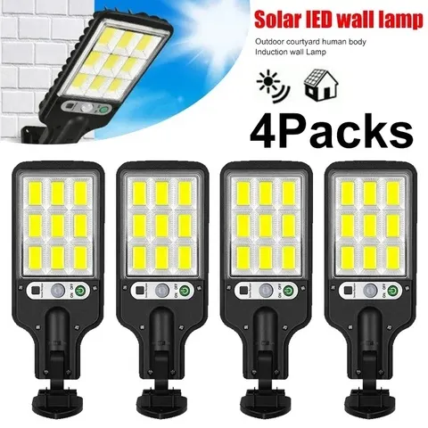 Potente luminária de parede LED solar para exteriores, recarregável, com sensor de movimento, ideal para jardins, terraços, garagens e iluminação de ruas.