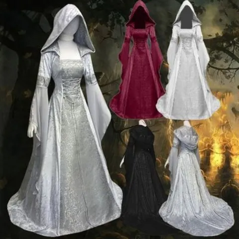 Fantasia de Cosplay Feminina, Vestido de Casamento Estilo Medieval Retro, 4 Cores, Vestido com Capuz e Cintura Ajustada, Cosplay