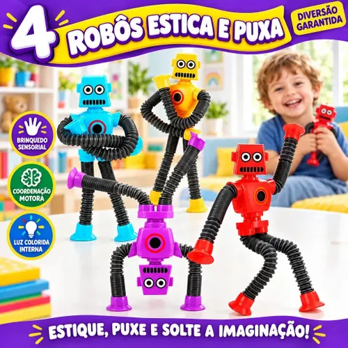Kit 4 Robô Estica e Puxa com Ventosa Sensorial Pop It Anti Stres Coordenação Motora Educativo Interativo Presente dia das Criança Natal Infantil Diversão Colorido Brinquedo Louis Riel Acustico