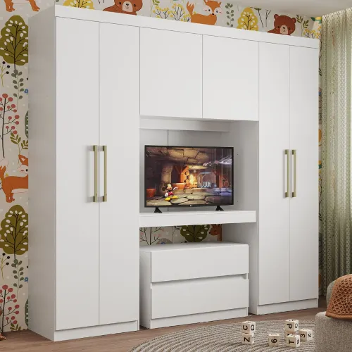 Guarda Roupa Infantil 6 Portas 2 Gavetas Porto Branco com Painel de TV Carraro