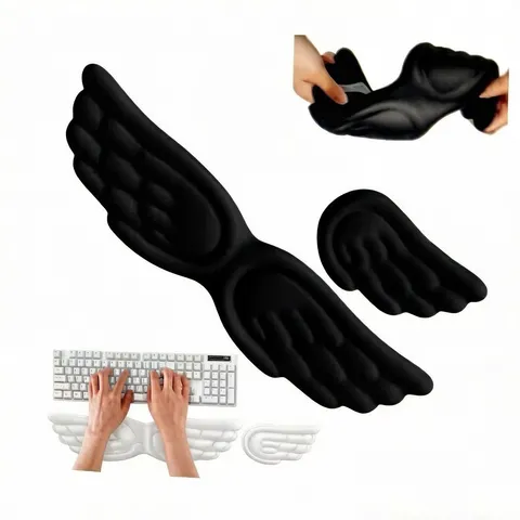 Conjunto de 2 apoios de pulso com design de asas de anjo, suporte ergonómico para teclado e rato, almofada de espuma com memória, apoio para as mãos, apoio para a palma da mão para utilização com computador.