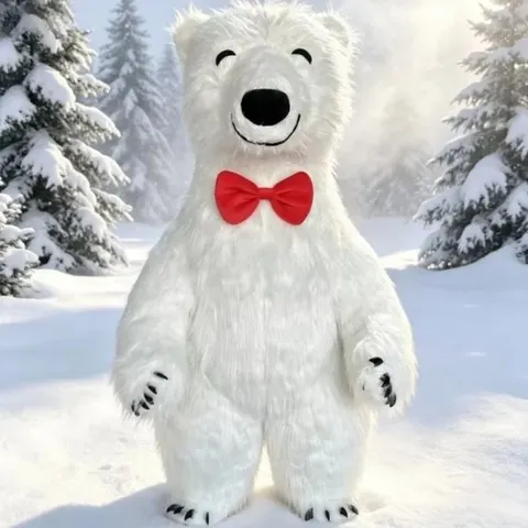 Fantasia de Mascote Polar Gigante Inflável Branca, Traje Peludo para Festas de Halloween e Natal, Sem Bateria, Sem Carregador