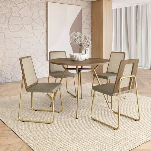 Conjunto de Sala de Jantar 4 Cadeiras Domani Carraro Noce Dourado