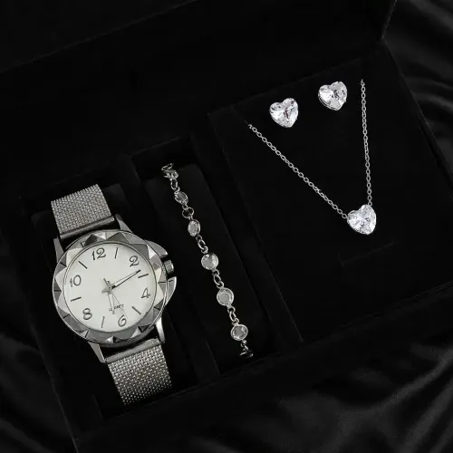 Kit Relógio Feminino Colar Brinco Pulseira Folheado Presente Prateado