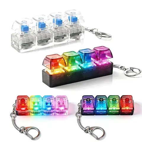 Teclado de Dedo com 4 Botões, Keycap RGB Transparente, Keycap Mecânico LED com Clique, Chaveiro, Brinquedo Tátil Anti-stress, Presente para Alívio do Estresse