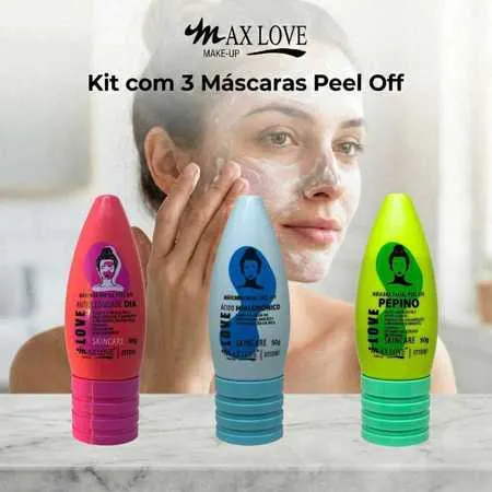 Kit com 3 Máscaras Peel Off - AntiOleosidade Dia, Ácido Hialurônico, Pepino Max Love