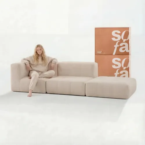 Sofá na Caixa modular 2 lugares em Boucle - 1 Braço com Apoio de pé - Linho