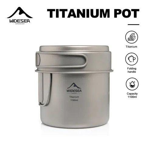 Panela de Camping Ultralight em Titânio Widesea 1100ml com Cabo Dobrável, Utensílios Portáteis para Cozinha ao Ar Livre com Bolsa de Malha para Caminhadas e Acampamentos
