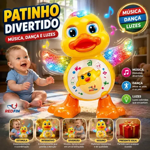 Patinho Amarelo Dançarino Musical Som Luz Marca REDFIN Brinquedo Interativo Crianças Presente Infantil Ajuda no Desenvolvimento da Audição, Visão e Habilidades Motoras