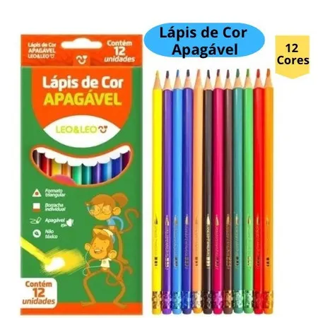 Lápis de Cor Apagável 12 Cores Triangular com Borracha Escolar Infantil Leo&Leo