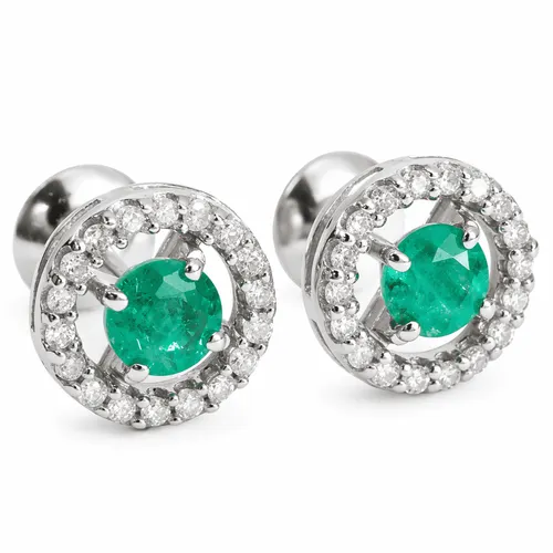 Brinco Princesa Redondo Esmeralda com Diamantes em Ouro Branco 18K