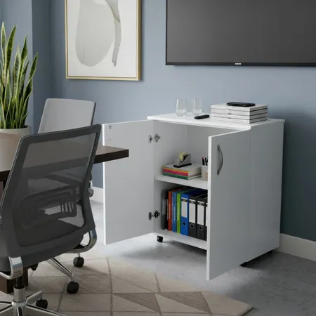 Armário Baixo 60cm 2 Portas Rodízios Branco MDF Escritório Home Office Compacto Aparador Arquivo