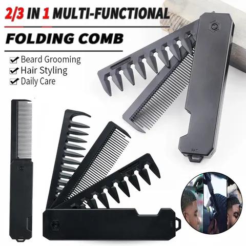 Mais Recente Pente Dobrável Portátil 1/2/3 em 1, Pente de Barbeiro para Máquina de Cortar Cabelo, Pente de Dentes Largos para Cabelo Oleado, Mini Pente para Barba, Ferramenta de Estilização para Salão