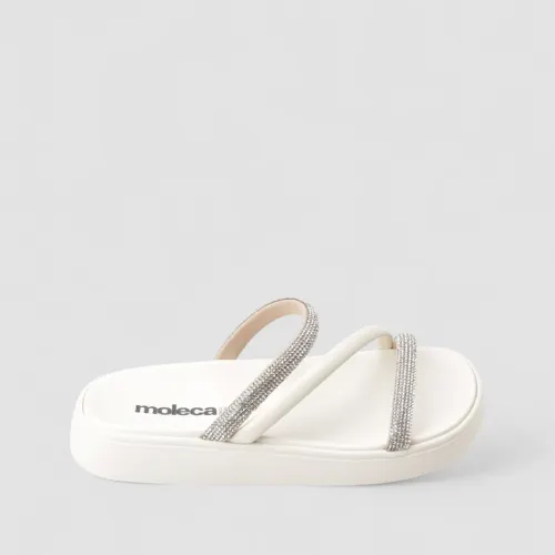 Rasteira Papete Moleca Flat Tiras Strass Branco