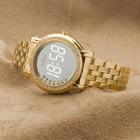 Relógio Feminino Champion Dourado com Strass Digital Kit Colar e Brincos CH48055B