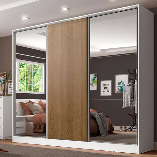 Guarda-Roupa Casal 100% MDF Madesa Royale 3 Portas de Correr com Espelhos Branco/Rustic