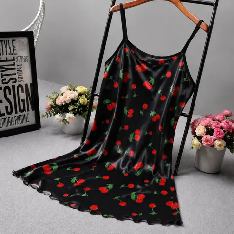 Camisola Sexy de Cetim com Estampa de Cerejas para Mulheres, Vestido Mini de Alça Fina para o Verão, Roupa de Dormir Macia, Lingerie, Robe, Camisola de Noite