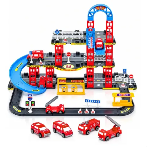 Pista de Carrinhos Bombeiros Brinquedo Infantil Corrida Vermelho